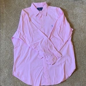 Pink and white striped classic fit polo